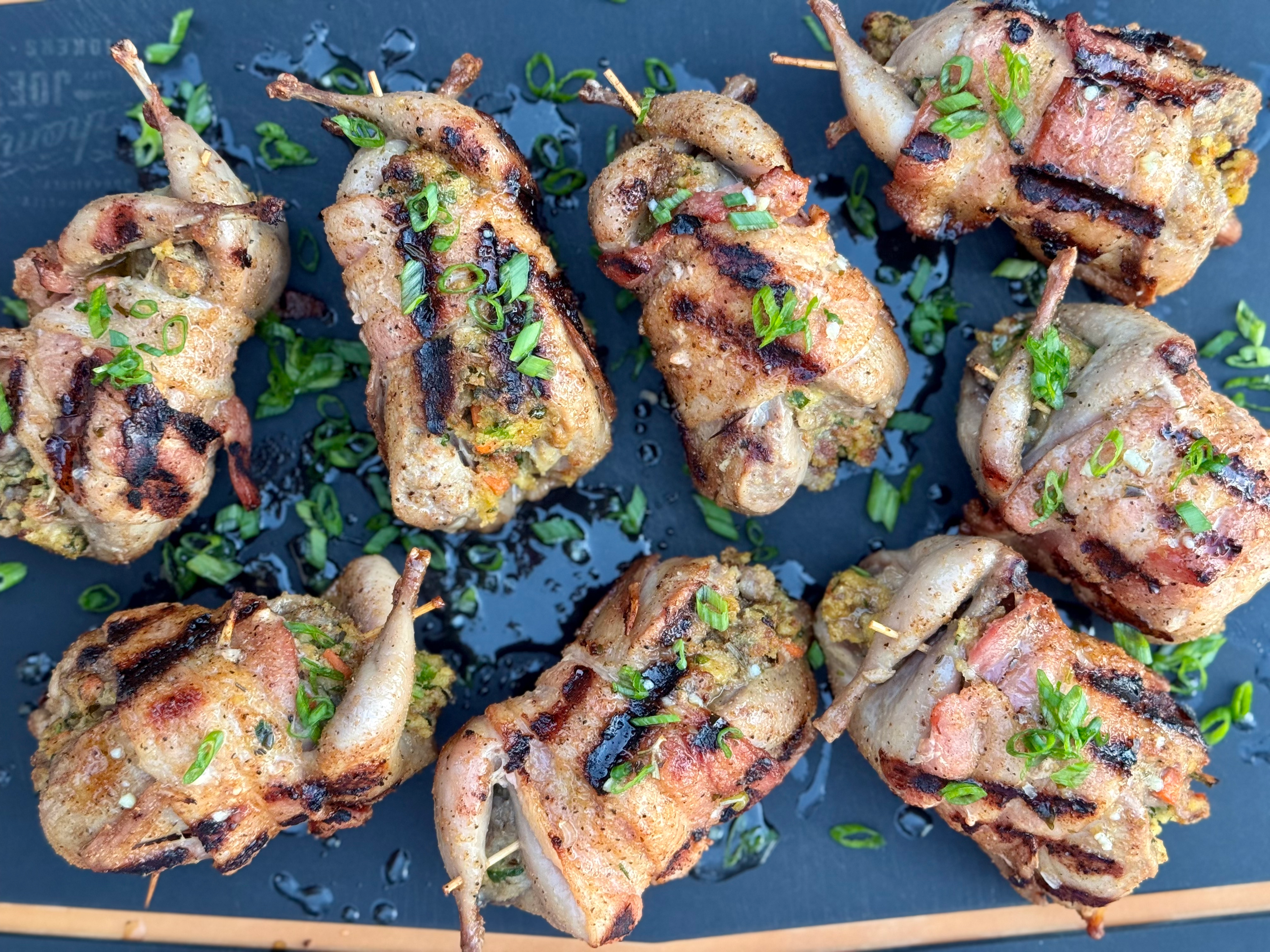 Recipes: Grilled Bacon Wrapped Quail with Sausage Stuffing