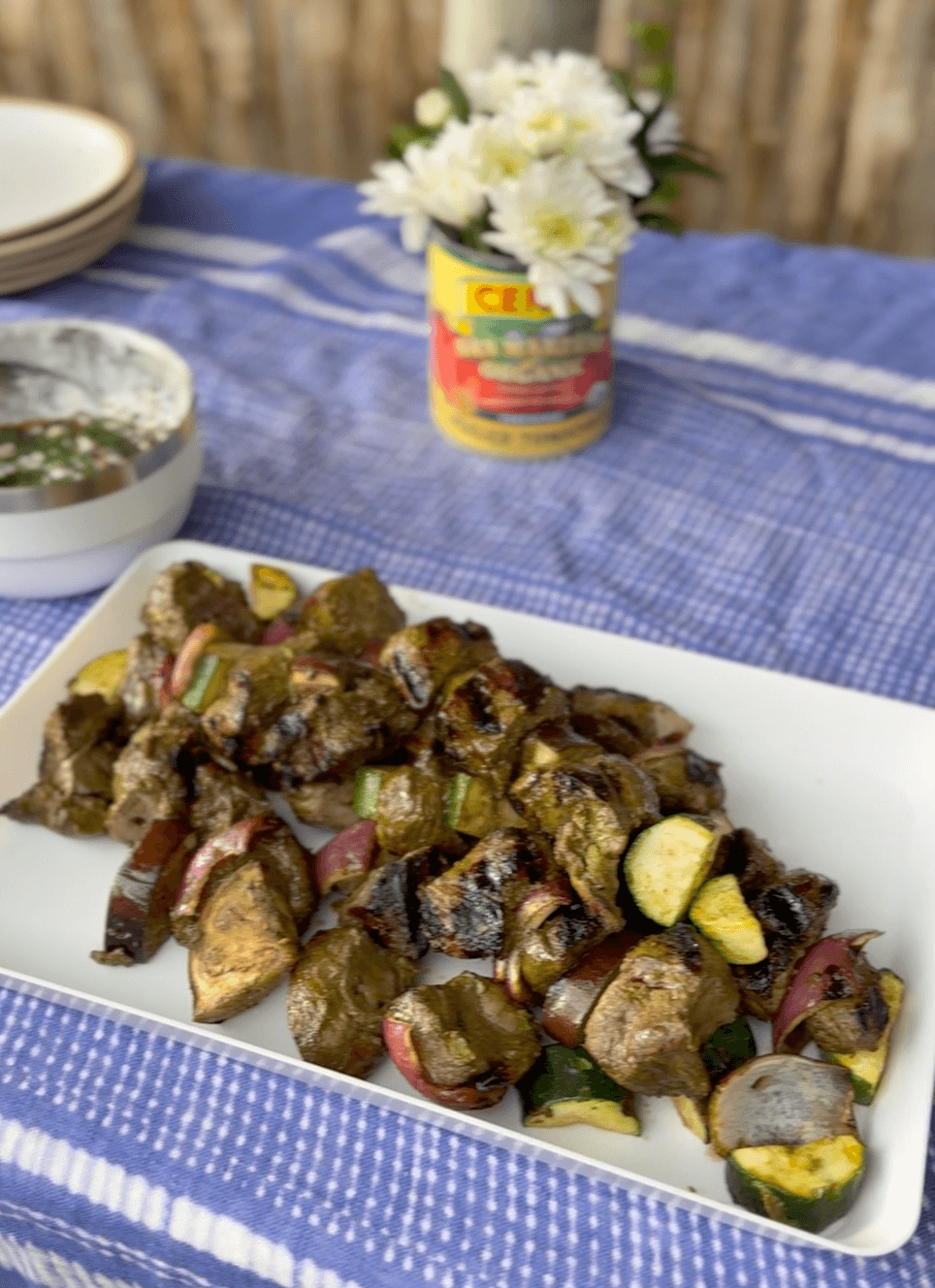 Garlic & Date Marinated Lamb Kebabs & Charred Eggplant Dip